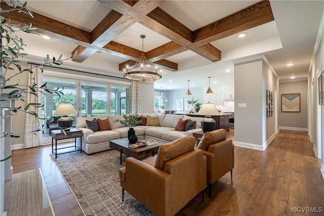 living room with dark hardwood / wood-style floors, beam ceiling, and coffered ceiling