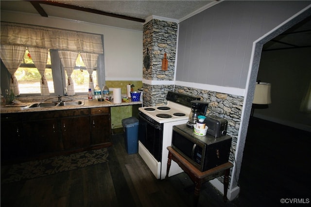 kitchen featuring sink, ornamental molding, dark brown cabinets, white electric stove, and dark wood-type flooring