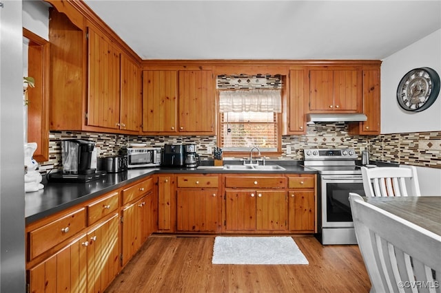 kitchen featuring backsplash, sink, stainless steel appliances, and light wood-type flooring