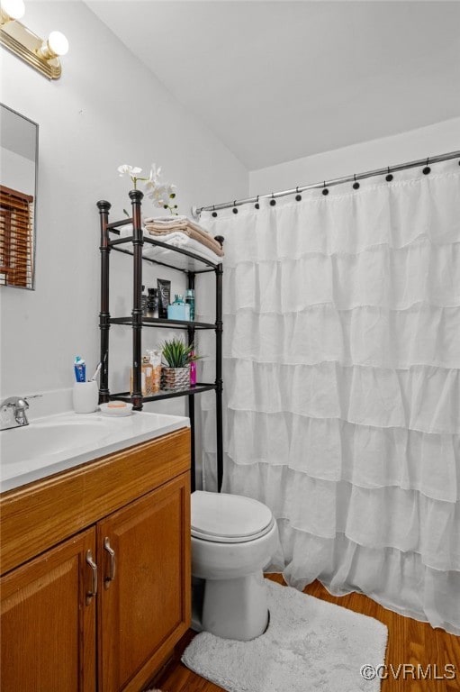 bathroom featuring walk in shower, hardwood / wood-style floors, vanity, and toilet