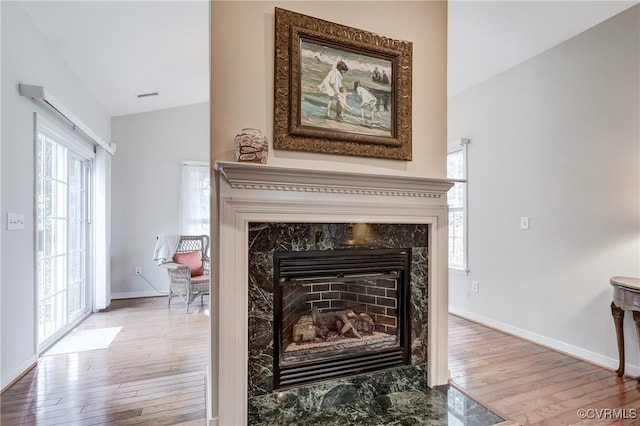 room details with hardwood / wood-style floors and a premium fireplace