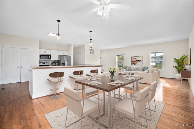 dining space with light hardwood / wood-style flooring and ceiling fan