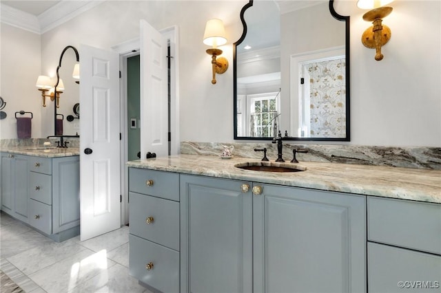 1300 Sabot Creek Ct, Manakin Sabot, VA 23103 - full bathroom featuring ornamental molding and two vanities