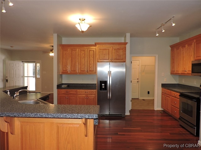 kitchen with stainless steel appliances, dark hardwood / wood-style floors, sink, and ceiling fan