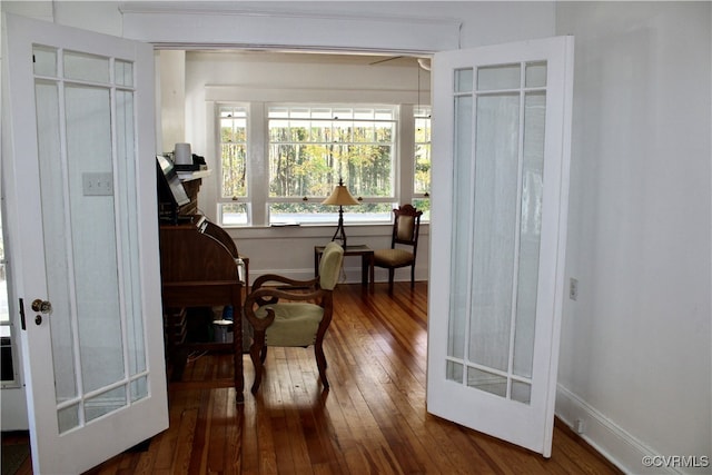 miscellaneous room with hardwood / wood-style floors and french doors