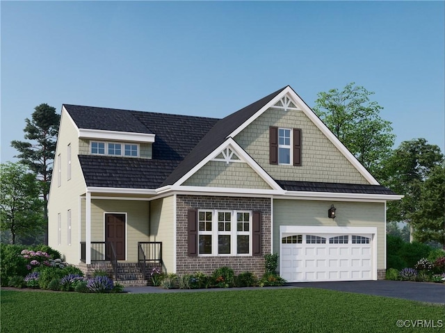 craftsman inspired home featuring aphalt driveway, a front lawn, an attached garage, and brick siding