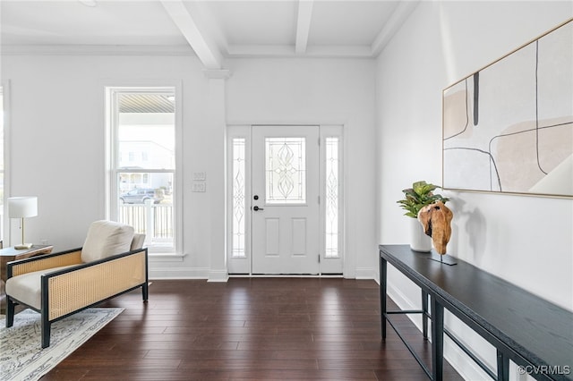 foyer with a wealth of natural light, beamed ceiling, and dark wood-type flooring