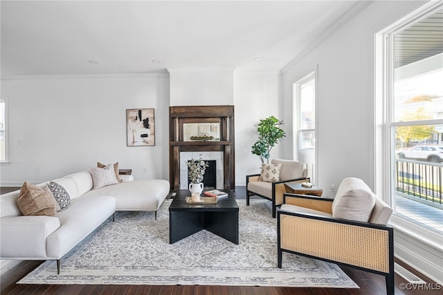 living room with hardwood / wood-style flooring and crown molding