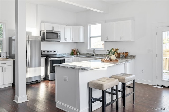 kitchen with white cabinets, appliances with stainless steel finishes, and a wealth of natural light