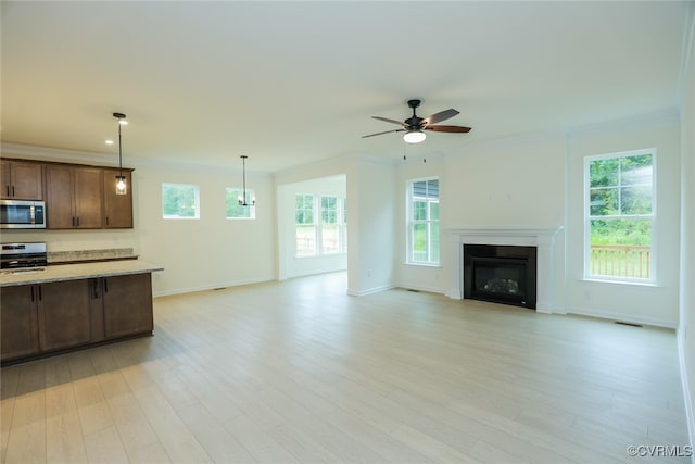 kitchen featuring stainless steel appliances, a wealth of natural light, decorative light fixtures, and light hardwood / wood-style flooring