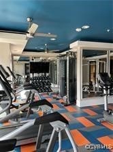 gym with dark colored carpet