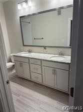 bathroom with vanity and wood-type flooring