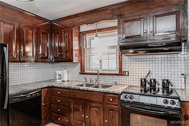 kitchen featuring black appliances, sink, tasteful backsplash, exhaust hood, and light stone countertops