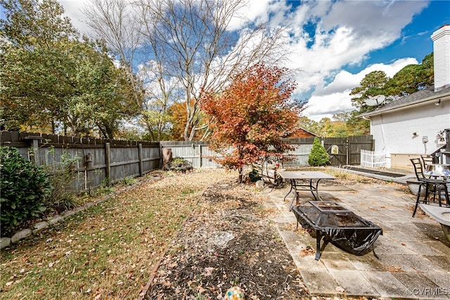 view of yard featuring a fire pit and a patio area