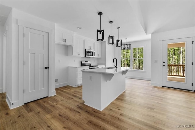 kitchen featuring light wood finished floors, a sink, stainless steel appliances, white cabinets, and a kitchen island with sink