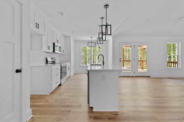 kitchen featuring light wood finished floors, stainless steel appliances, light countertops, and a healthy amount of sunlight