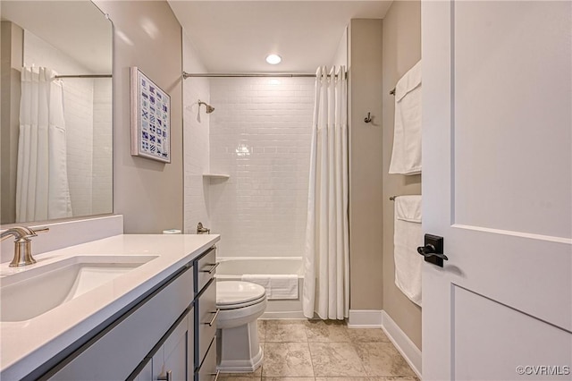 full bathroom with toilet, vanity, shower / tub combo with curtain, and tile patterned flooring