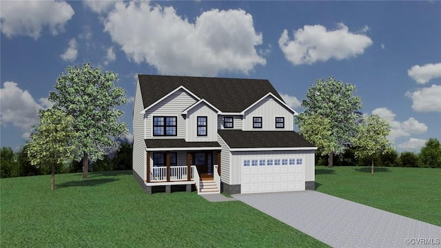 view of front facade with covered porch, concrete driveway, a shingled roof, and a front yard