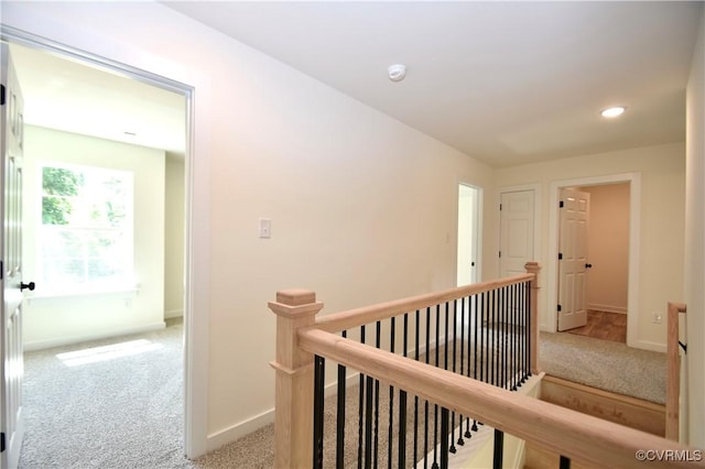 16159 W Patrick Henry Rd, Montpelier, VA 23192 - hallway featuring an upstairs landing, light carpet, baseboards, and recessed lighting