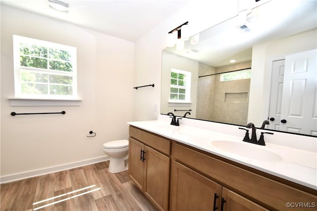 16159 W Patrick Henry Rd, Montpelier, VA 23192 - bathroom with wood finished floors, toilet, double vanity, a shower, and baseboards