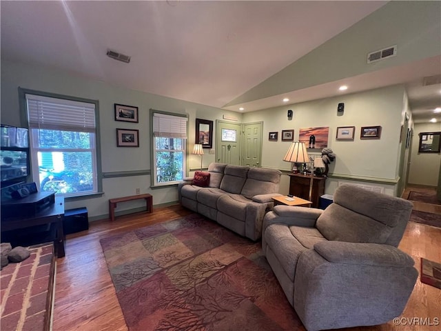 living room featuring hardwood / wood-style floors, a healthy amount of sunlight, and high vaulted ceiling