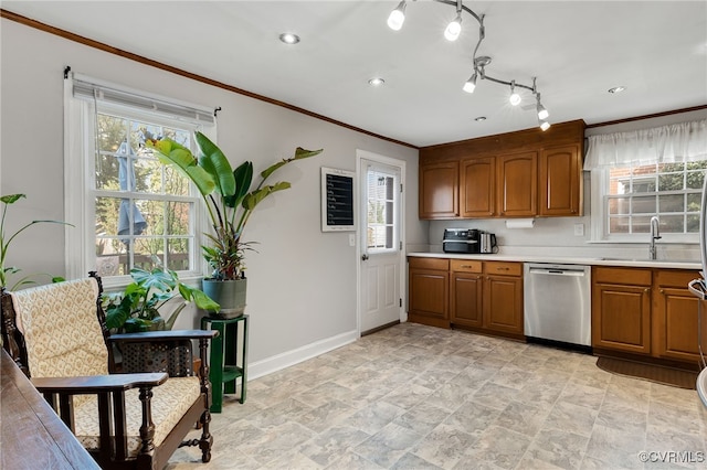 kitchen featuring ornamental molding, sink, and stainless steel dishwasher