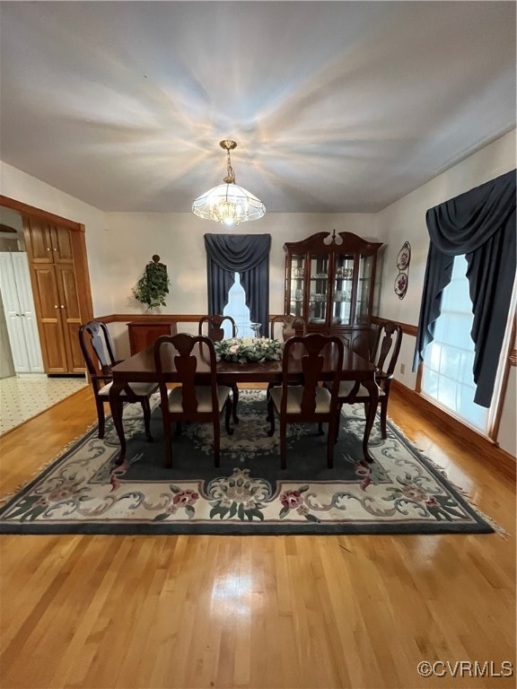 dining area featuring hardwood / wood-style flooring, a wealth of natural light, and a notable chandelier