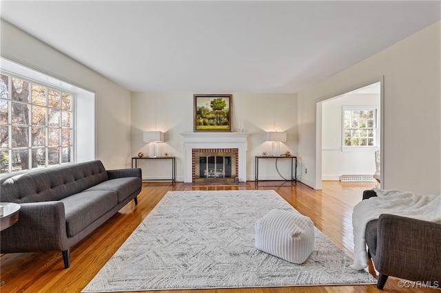 living room featuring light wood-type flooring and a fireplace