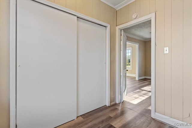 interior space featuring wood-type flooring, wooden walls, and crown molding