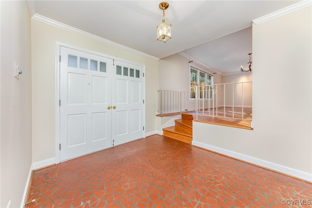 interior space featuring an inviting chandelier and ornamental molding