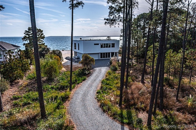 view of front facade featuring a water view