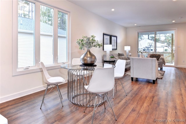 dining area featuring plenty of natural light and dark wood-type flooring