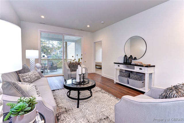 living room with dark hardwood / wood-style flooring