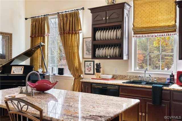 kitchen with dishwasher, dark brown cabinetry, sink, and light stone counters