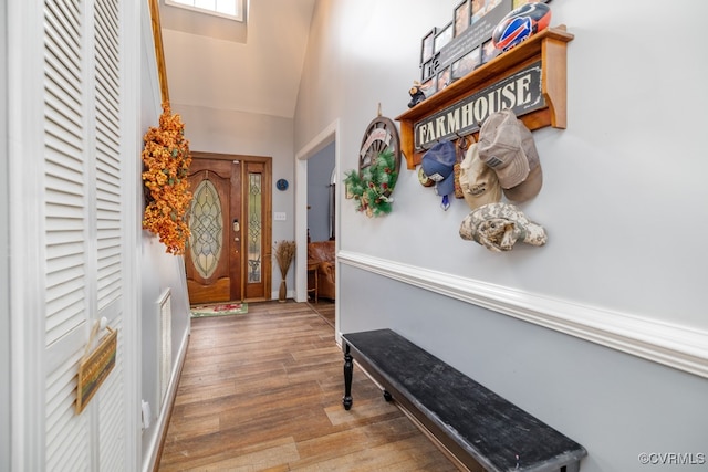 foyer entrance featuring vaulted ceiling and light hardwood / wood-style flooring