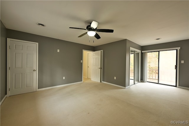 unfurnished bedroom with access to outside, light carpet, and ceiling fan