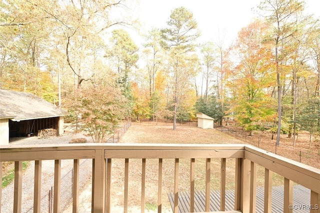 deck featuring a storage shed