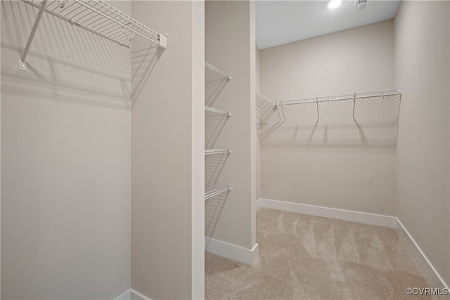 walk in closet with light carpet