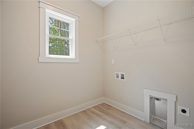 clothes washing area with light hardwood / wood-style floors, hookup for an electric dryer, and washer hookup