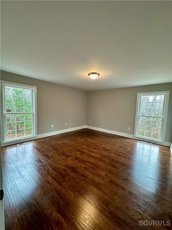 spare room with dark hardwood / wood-style flooring and a wealth of natural light