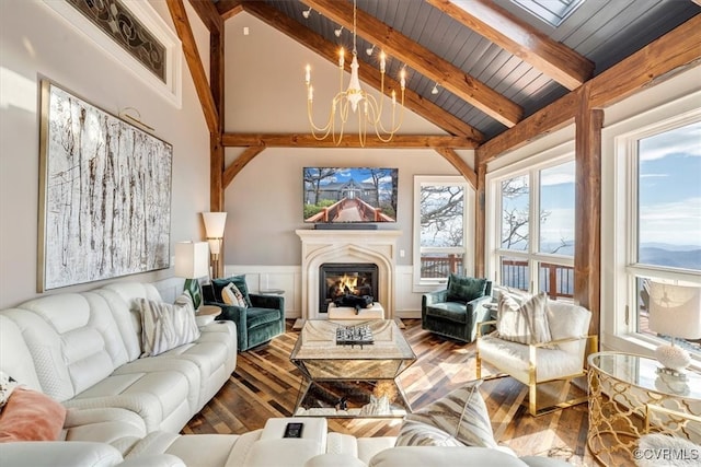 living room with wood ceiling, wood-type flooring, beam ceiling, high vaulted ceiling, and an inviting chandelier