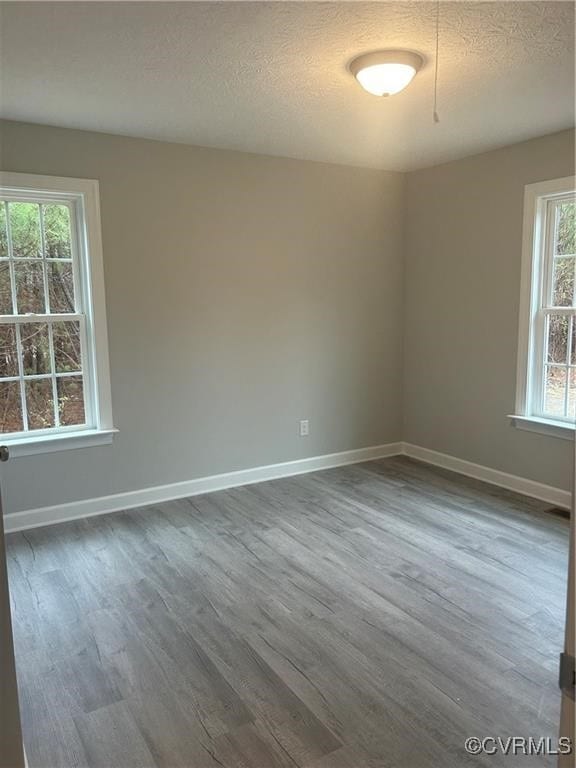 empty room featuring a wealth of natural light, a textured ceiling, and hardwood / wood-style flooring