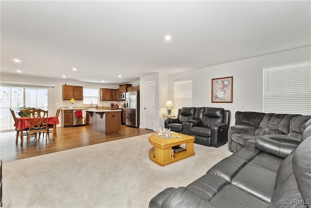 living room with sink and light hardwood / wood-style flooring