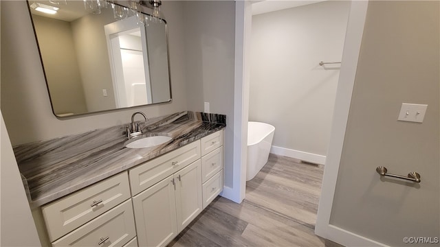 bathroom with hardwood / wood-style floors, a tub, and vanity