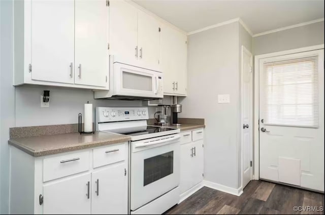 kitchen featuring white cabinetry, dark hardwood / wood-style flooring, ornamental molding, and white appliances