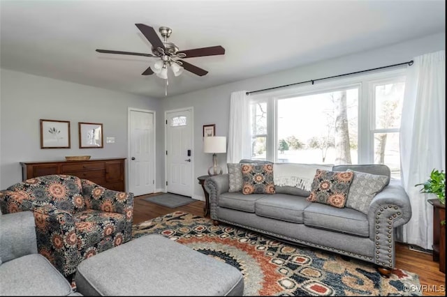 living room with ceiling fan and dark hardwood / wood-style floors