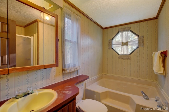 full bathroom featuring vanity, crown molding, a textured ceiling, and plus walk in shower