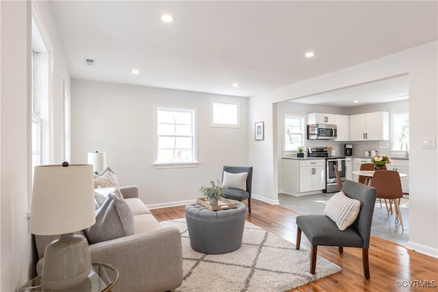 living room with light hardwood / wood-style flooring and sink