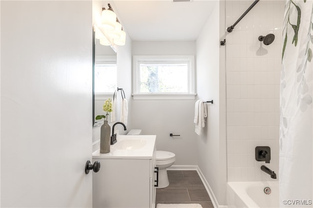 full bathroom featuring tile patterned flooring, vanity, shower / bath combination with curtain, and toilet