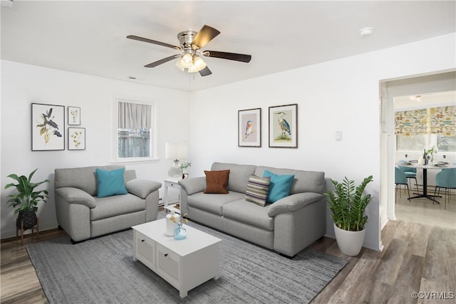 living room with ceiling fan and hardwood / wood-style floors